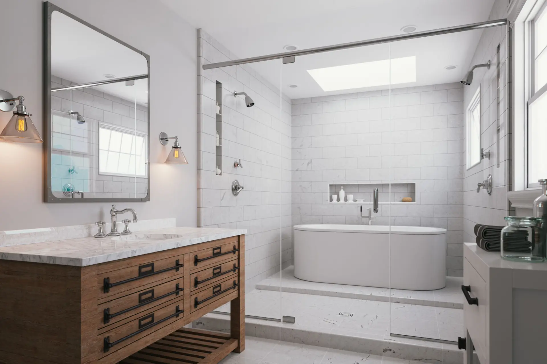 Interior Of A Modern Luxurious Bathroom With White Marble