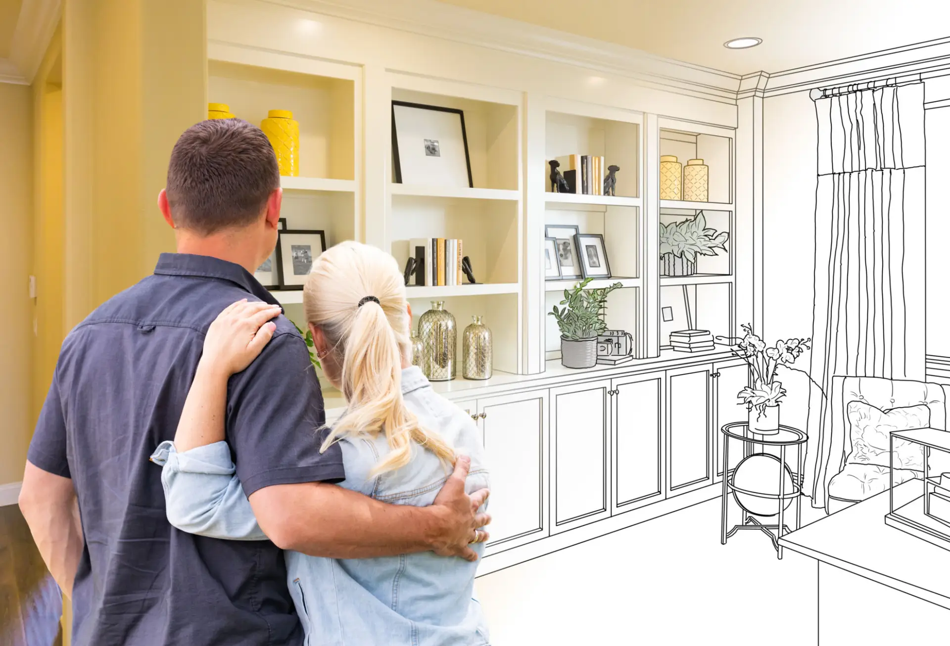 Couple Facing Book Shelf Built In Drawing Gradating To Photo