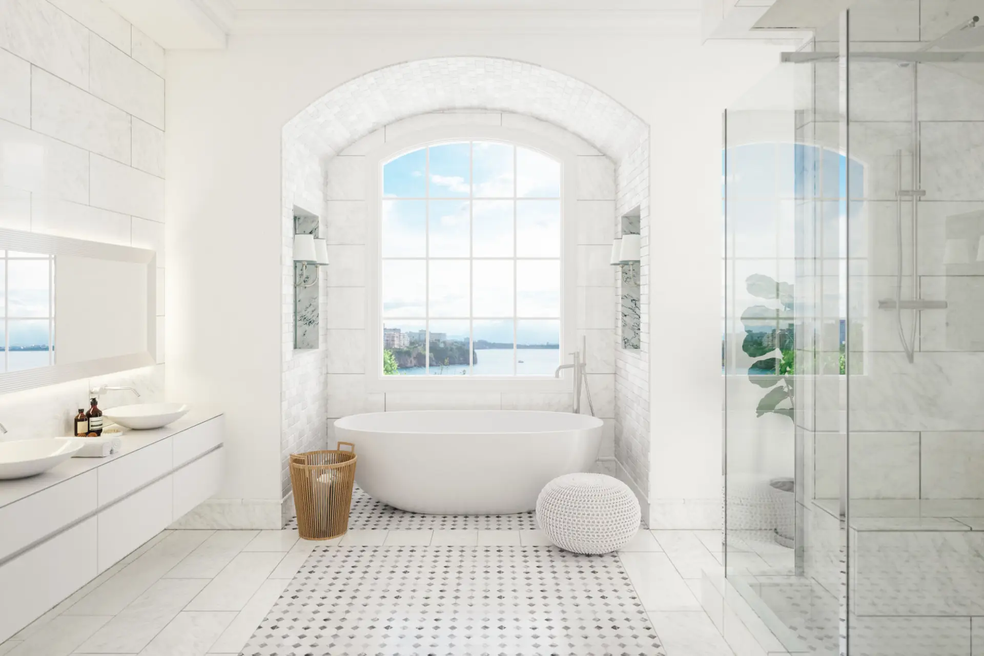 Interior Of A Contemporary Bathroom With Washstand And Bathtube