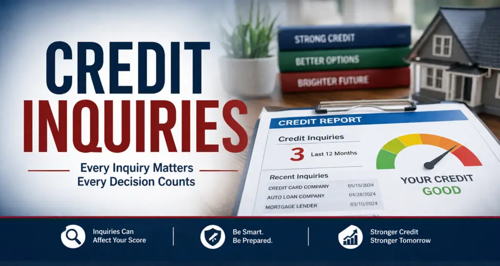 Credit inquiries mortgage guide showing a credit report and credit score gauge explaining how hard inquiries affect mortgage qualification in the Temecula Valley.