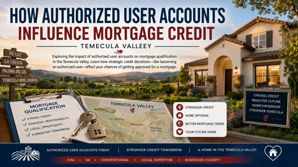 Authorized user account for mortgage qualification showing a parent helping an adult child build credit while reviewing a credit report and mortgage paperwork in the Temecula Valley.