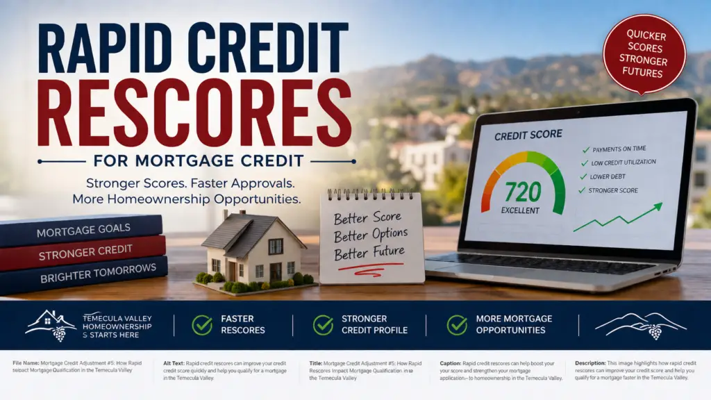 Mortgage professional reviewing a credit report and rapid rescore documents while credit scores increase on a computer screen, illustrating rapid credit rescoring for mortgage qualification in the Temecula Valley.