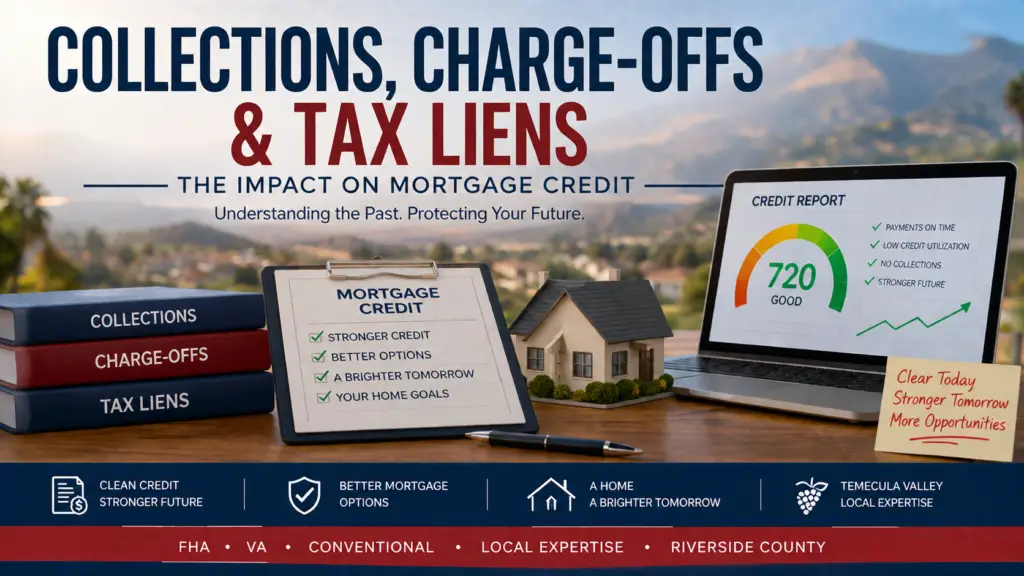 Mortgage credit header showing collections, charge-offs, tax liens, and a credit report, illustrating how derogatory credit items can impact mortgage qualification in the Temecula Valley.