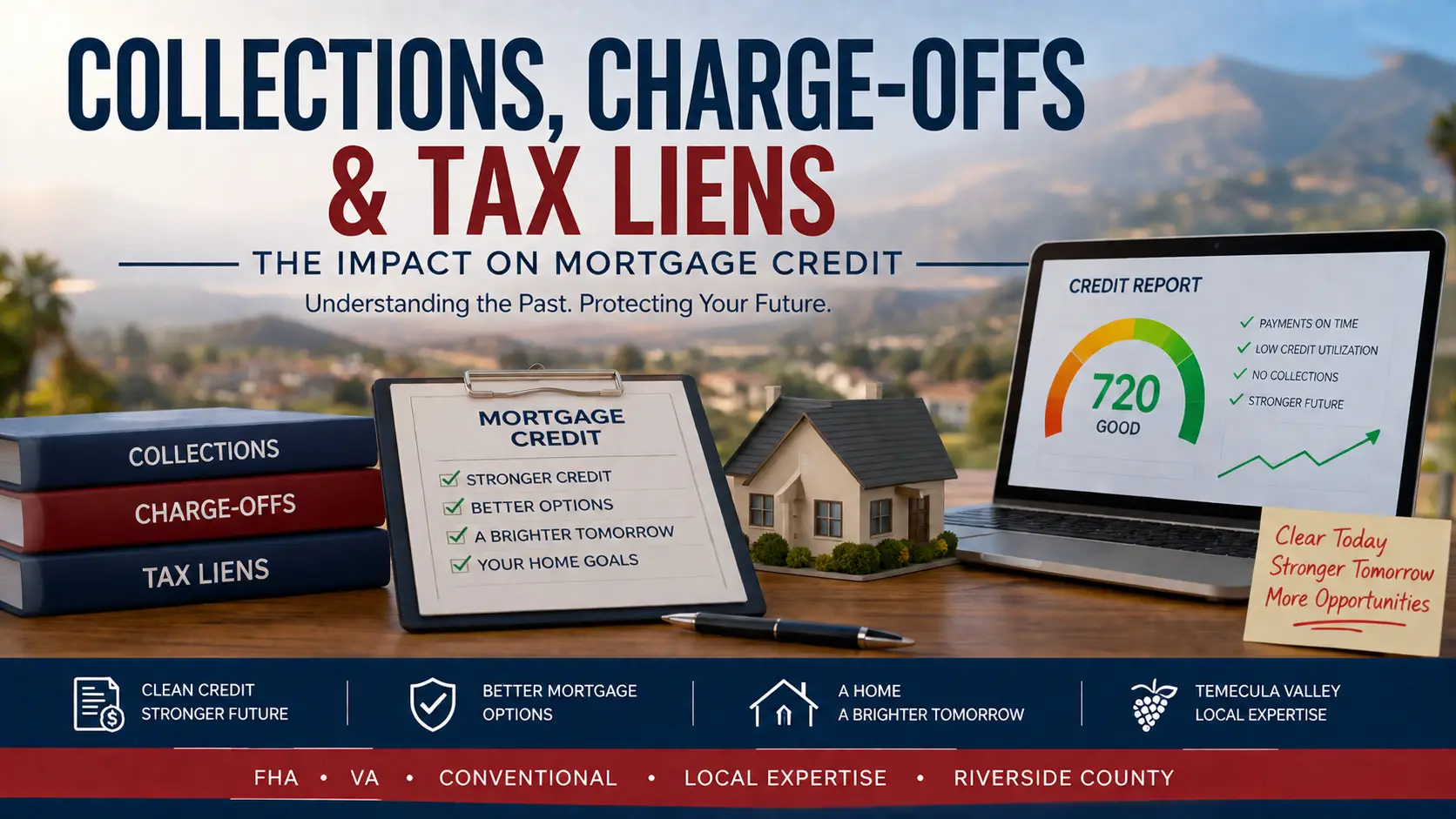 Mortgage credit header showing collections, charge-offs, tax liens, and a credit report, illustrating how derogatory credit items can impact mortgage qualification in the Temecula Valley.