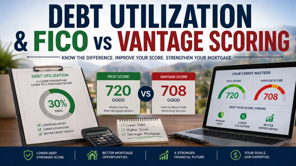 Credit utilization dashboard comparing FICO and Vantage credit scoring models with revolving credit card balances and utilization percentages for mortgage qualification in the Temecula Valley.