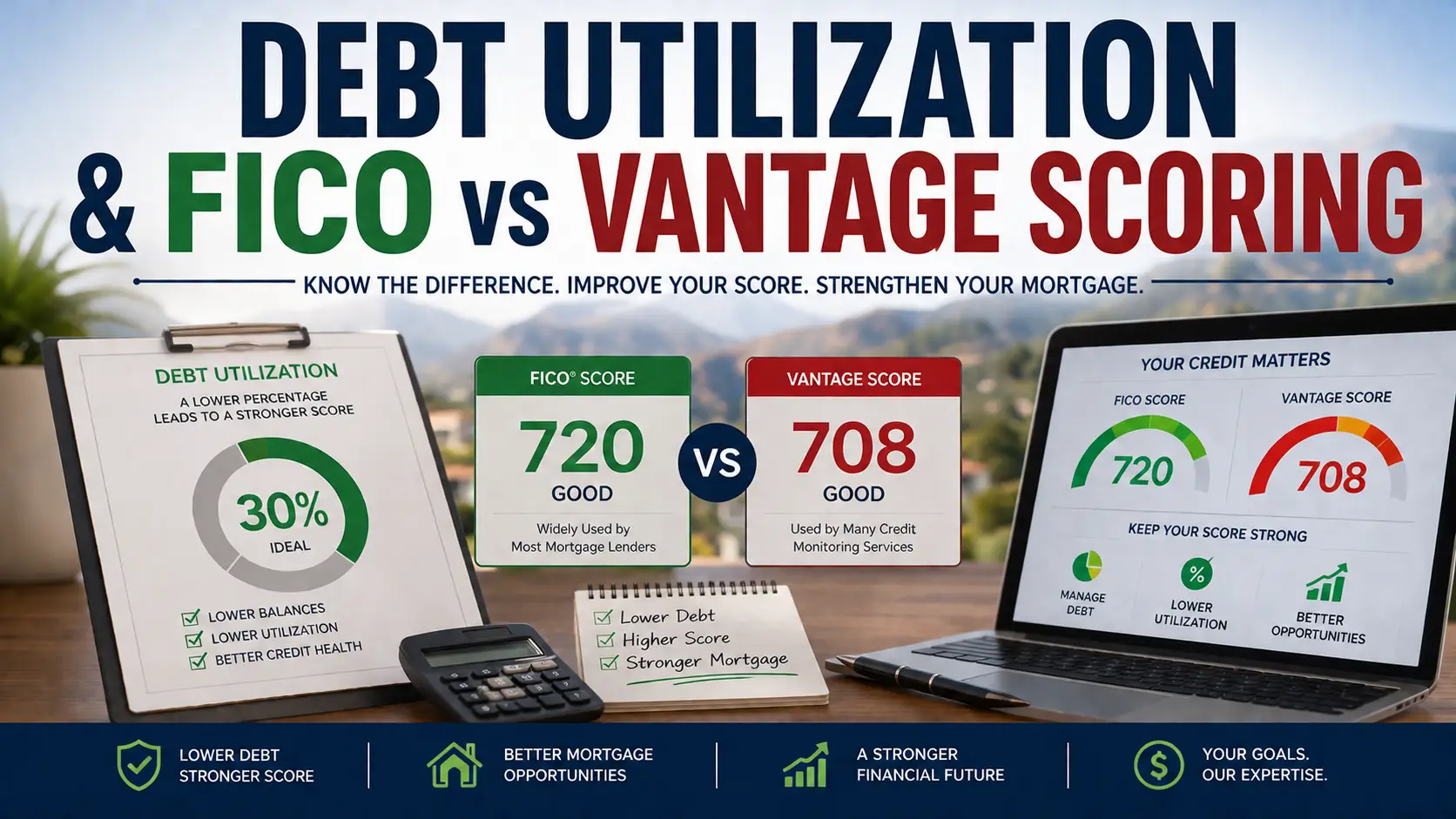 Credit utilization dashboard comparing FICO and Vantage credit scoring models with revolving credit card balances and utilization percentages for mortgage qualification in the Temecula Valley.