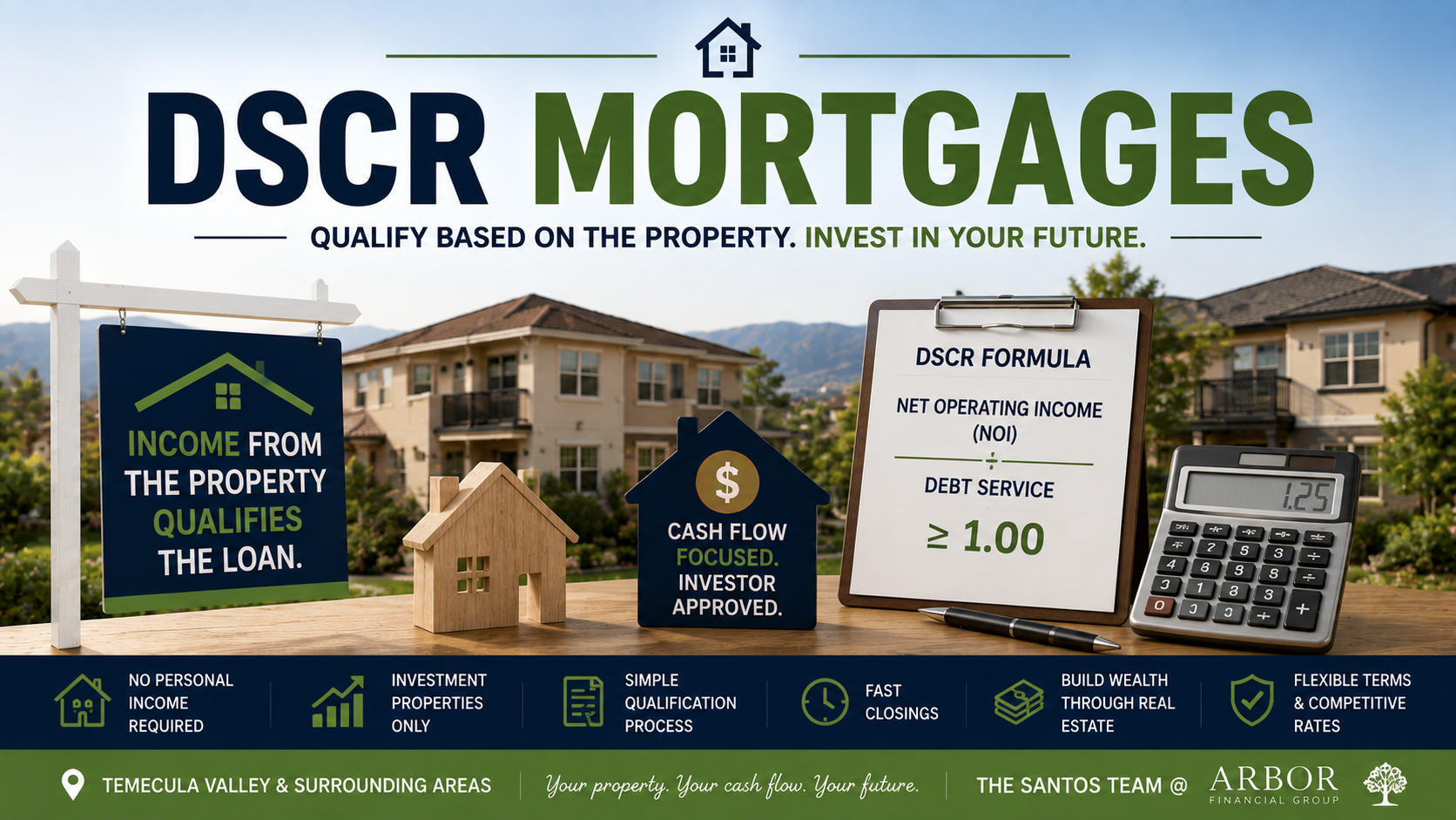 DSCR mortgage financing for Temecula Valley real estate investors using rental property cash flow to qualify for an investment loan.