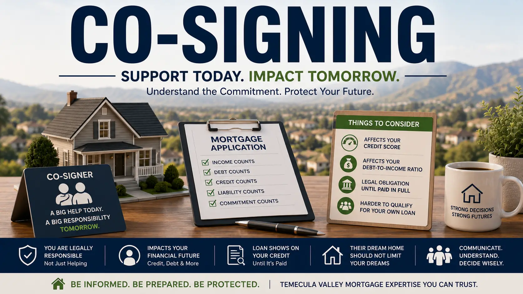 Family discussing co-signing a mortgage with loan documents at a kitchen table, illustrating how co-signing affects credit, debt-to-income ratio, and mortgage qualification in the Temecula Valley.