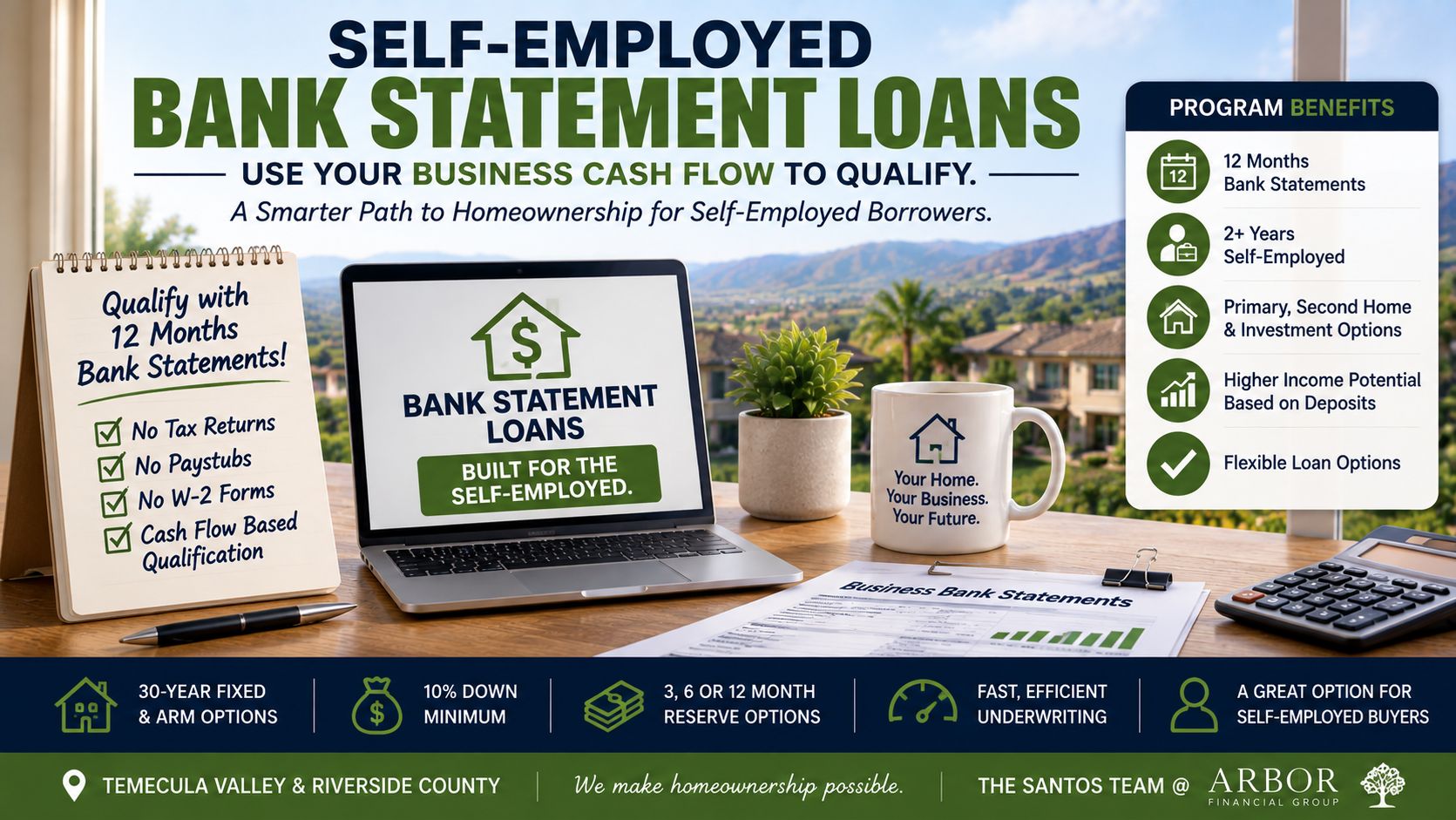 Self-employed bank statement mortgage loans using 12 months of business cash flow to help borrowers qualify for home financing in the Temecula Valley.