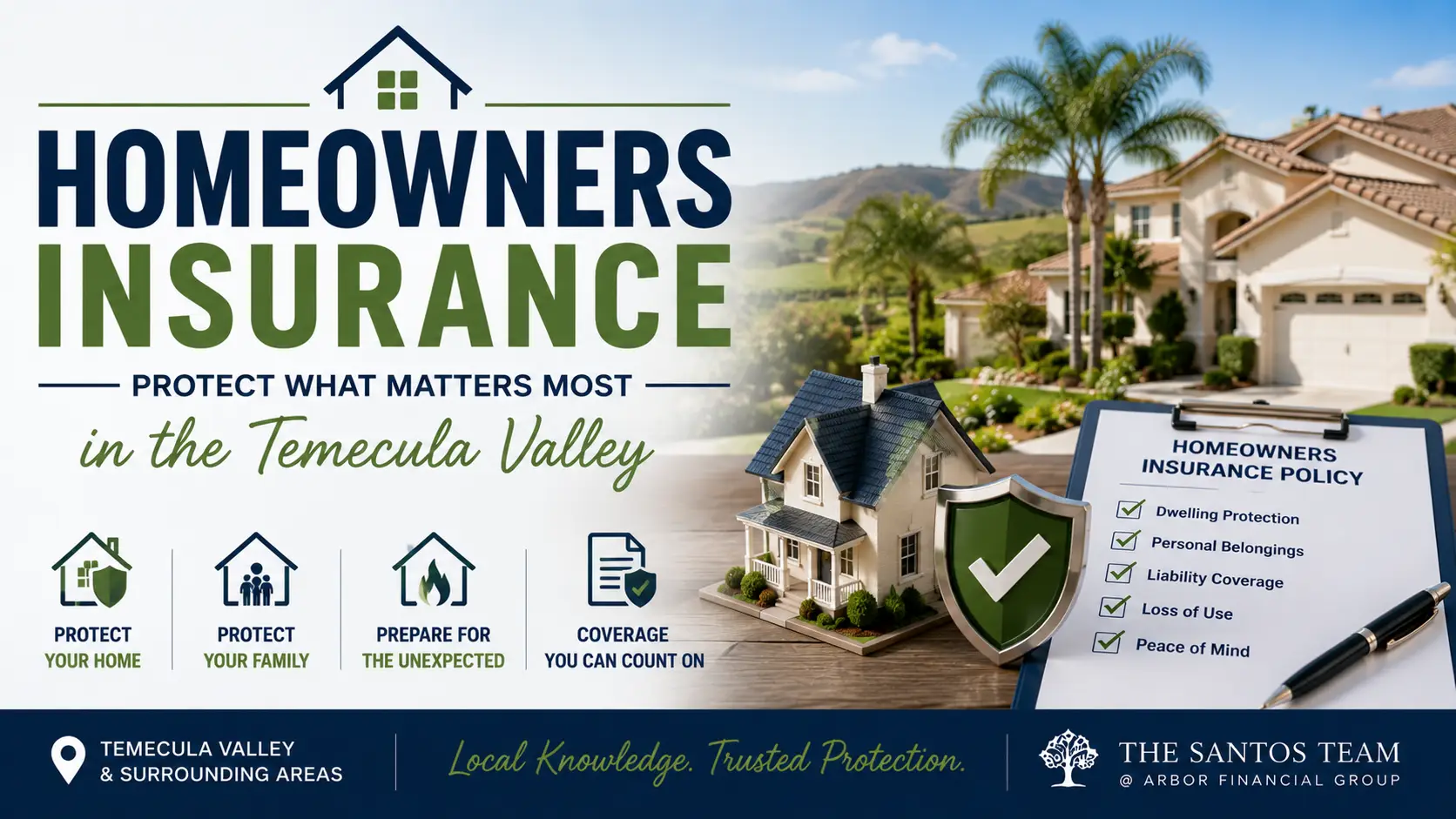 Homeowners insurance coverage for Temecula Valley residents, featuring a California home, insurance policy, and protective shield.