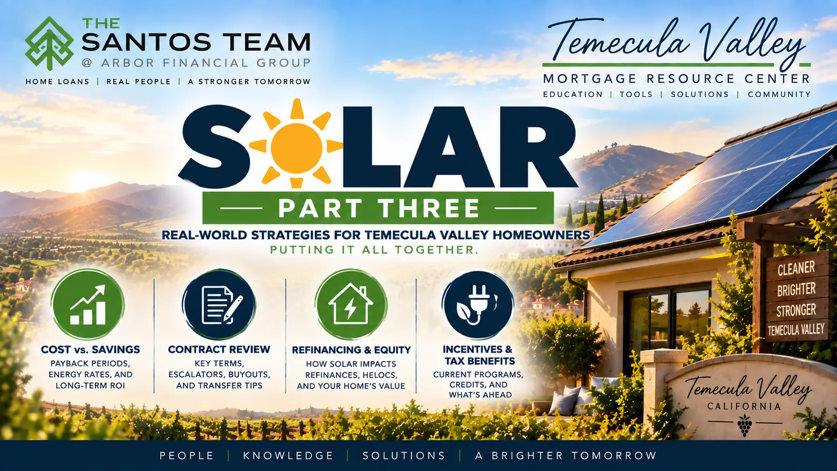 Solar Part Three mortgage guide for Temecula Valley homeowners covering solar liens, contracts, refinancing, home equity, and mortgage financing.