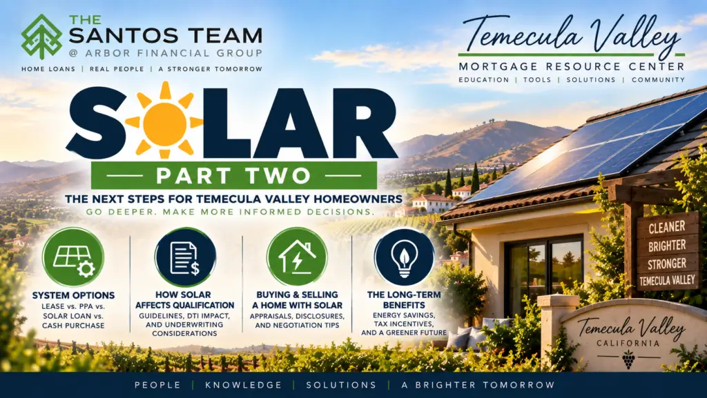Solar Part Two mortgage guide for Temecula Valley homeowners covering solar system options, mortgage qualification, and buying or selling a home with solar.