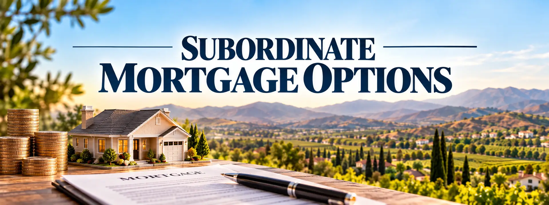 Subordinate Mortgage Options header featuring a Temecula Valley home, mortgage documents, and home equity financing imagery.