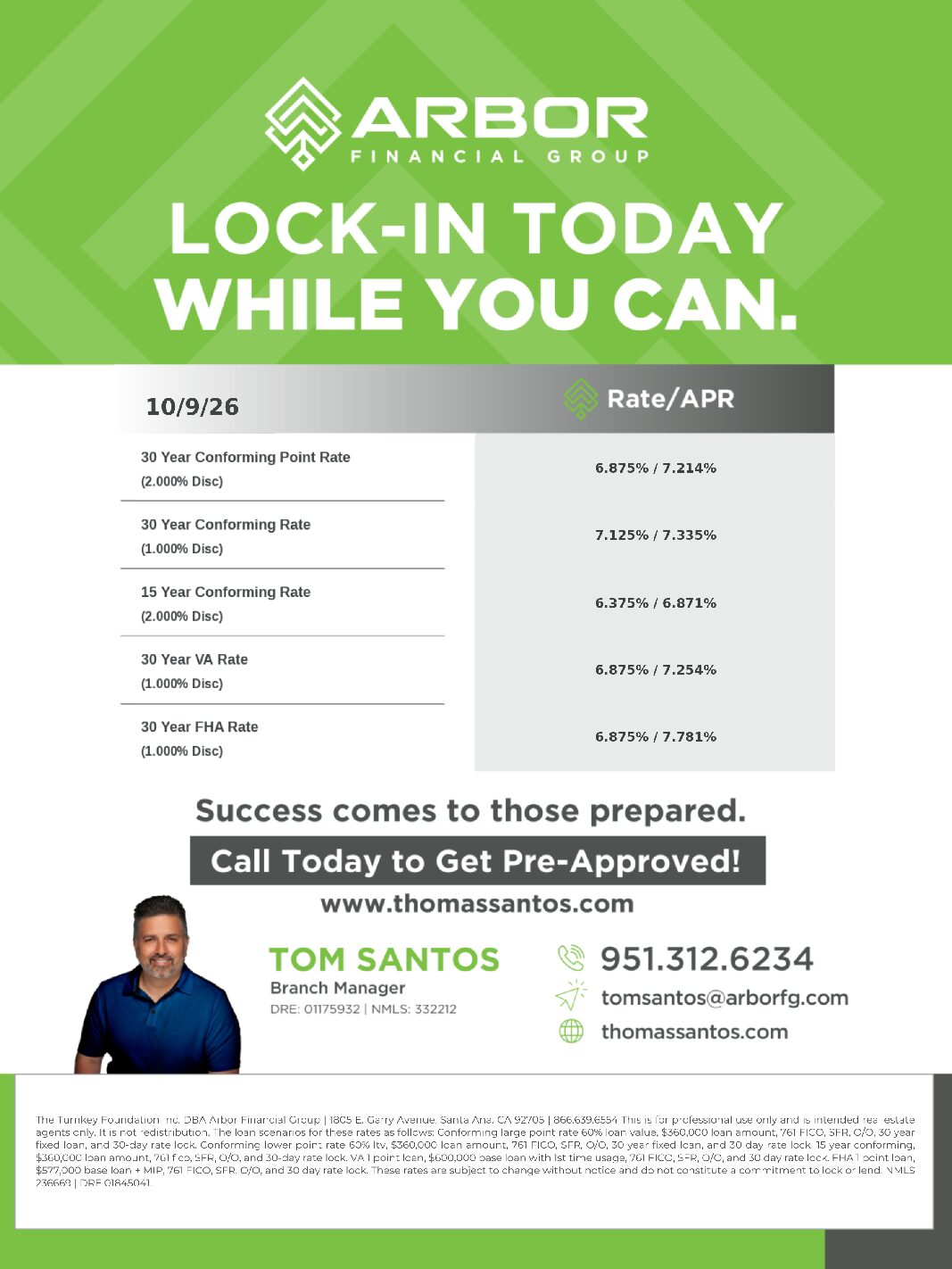 Tom Santos weekly mortgage rate sheet from ARBOR Financial Group