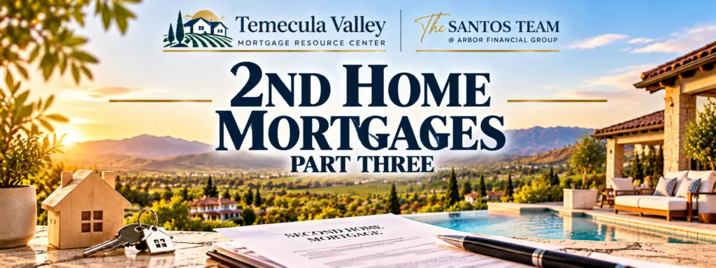 2nd Home Mortgages Part Three featuring a Temecula Valley luxury home, vineyards, swimming pool, mortgage documents, and house keys.