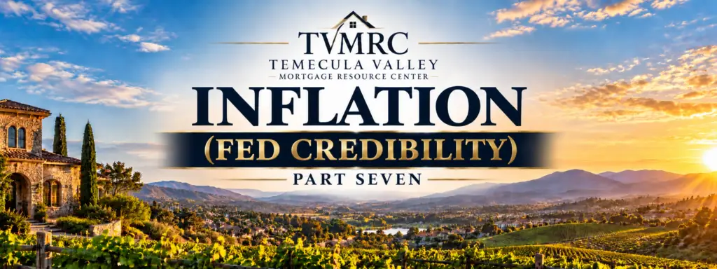 TVMRC Inflation (Fed Credibility) Part Seven blog header featuring Temecula Valley vineyards, a Mediterranean-style estate, mountain scenery, and a golden sunset.