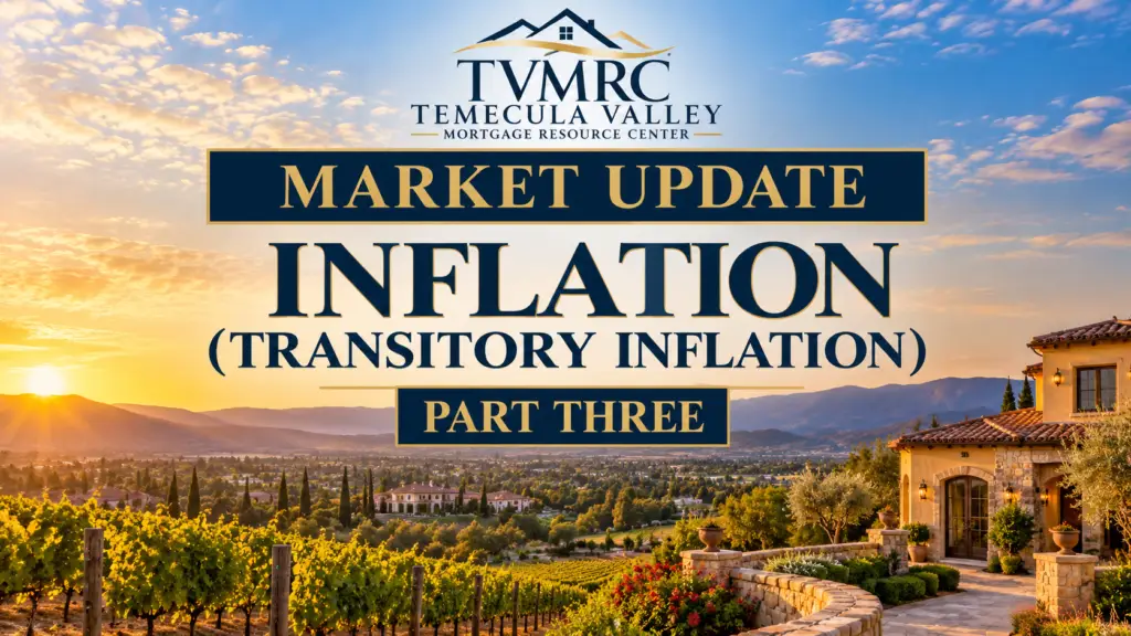 Inflation (Transitory Inflation) Part Three market update featuring Temecula Valley vineyards, a Mediterranean-style home, and TVMRC branding.